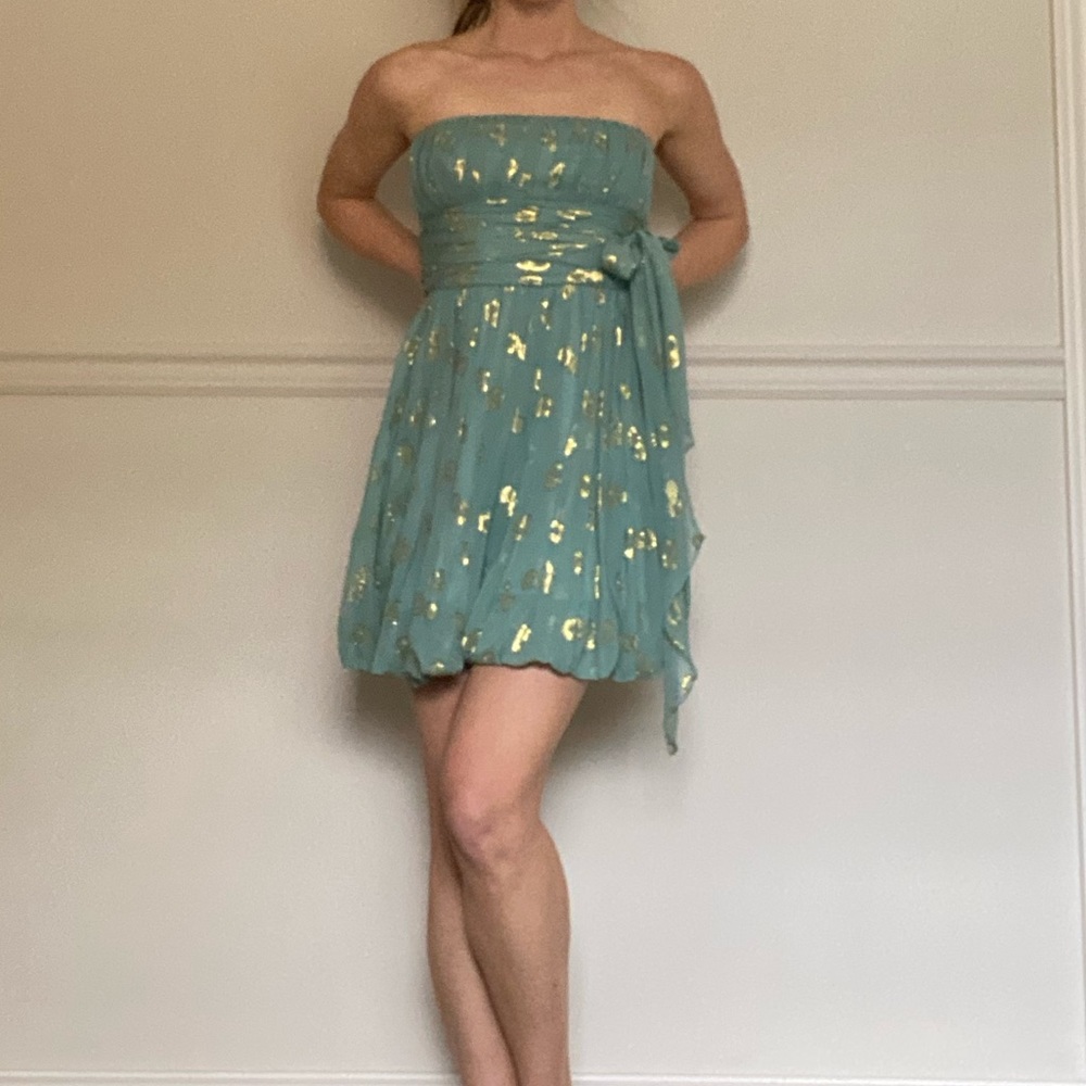 BCBG Maxazaria mini dress with bubble hem in dusty teal with gold polka dots Sz4